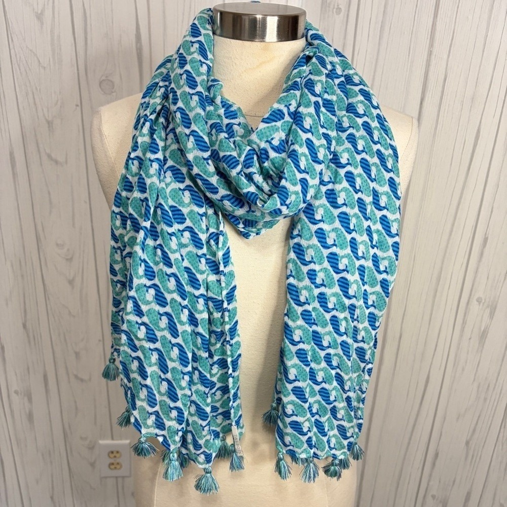 TALBOTS Whales Print Lightweight Scarf Tassel Fringes